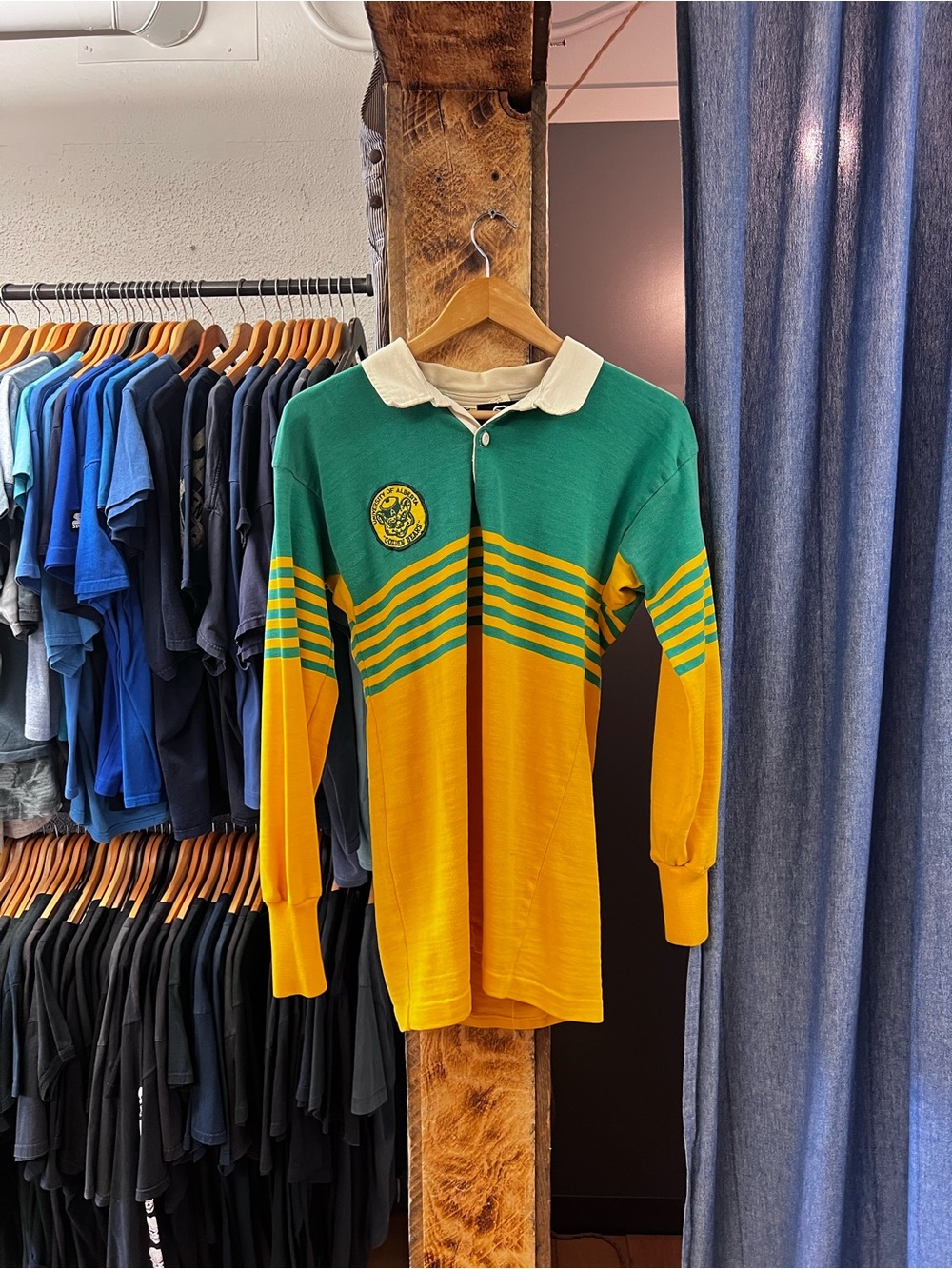 Vintage UOFA Rugby Green & Yellow Striped Sweater